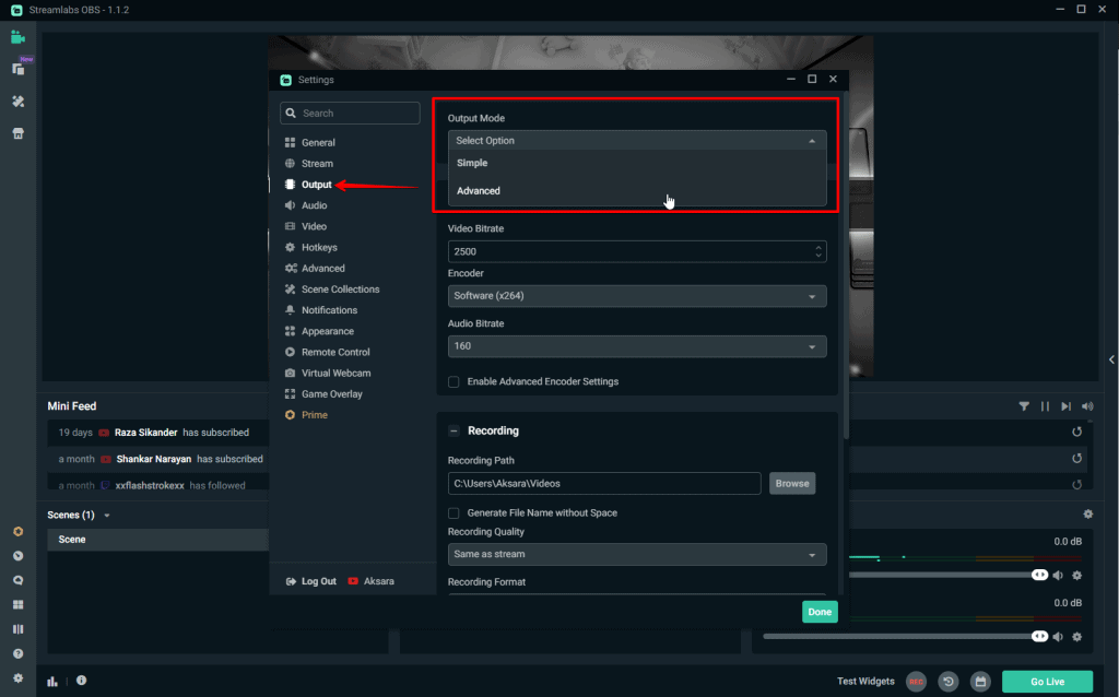 Streamlabs OBS Output Mode Advanced